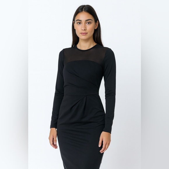 MaxMara Dresses & Skirts - Max Mara Black Sheath Dress Sheer Shoulder Sleeve Leather Trim Made in Italy